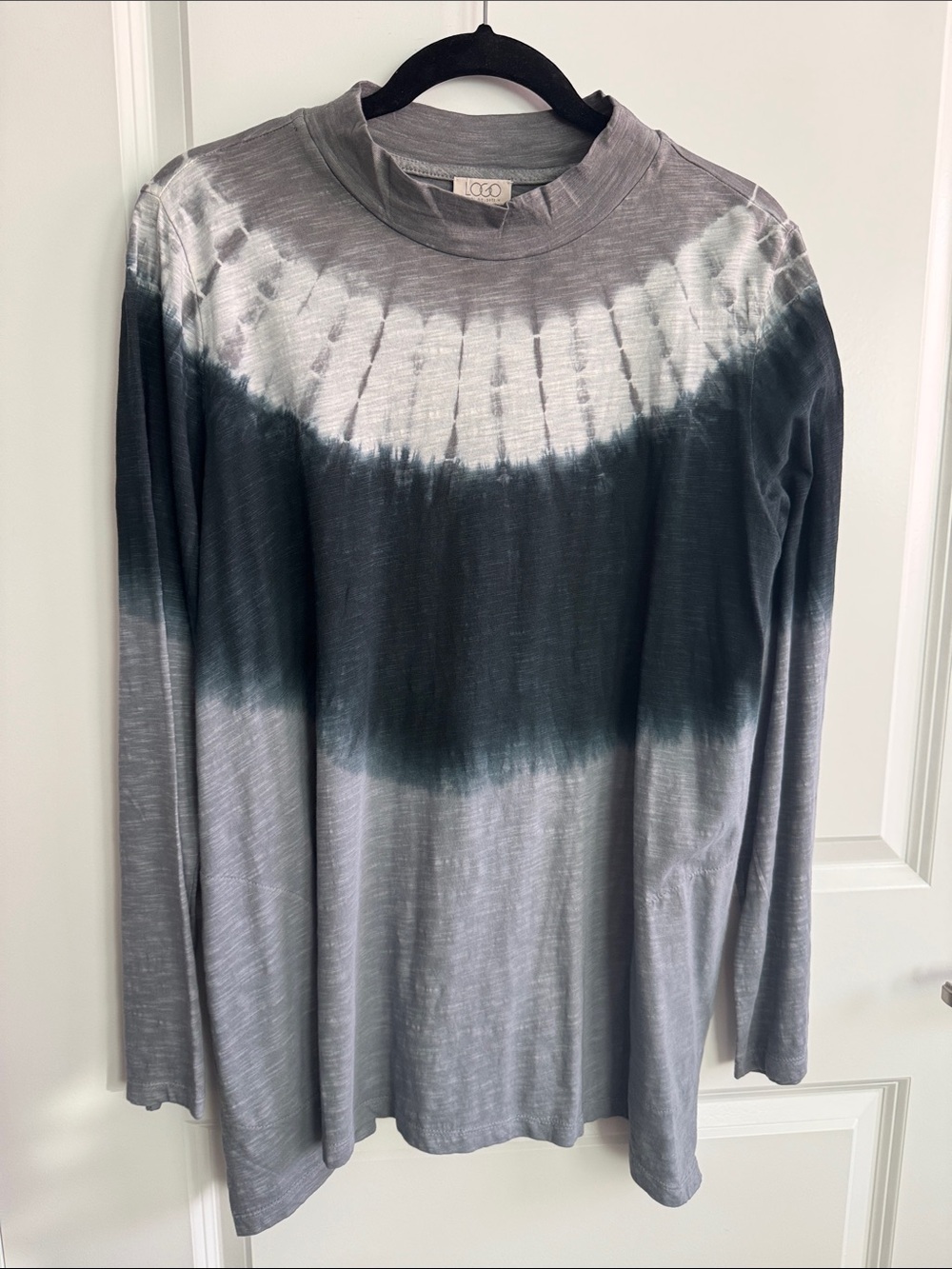 LOGO by Lori Goldstein long sleeve cotton slub tie dye T-shirt with mock neck.